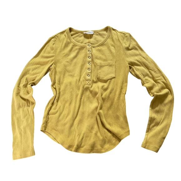 new in Tops - New In Women Mustard Yellow Ribbed Henley Long Sleeve Top Sm Pocket Curved Hem